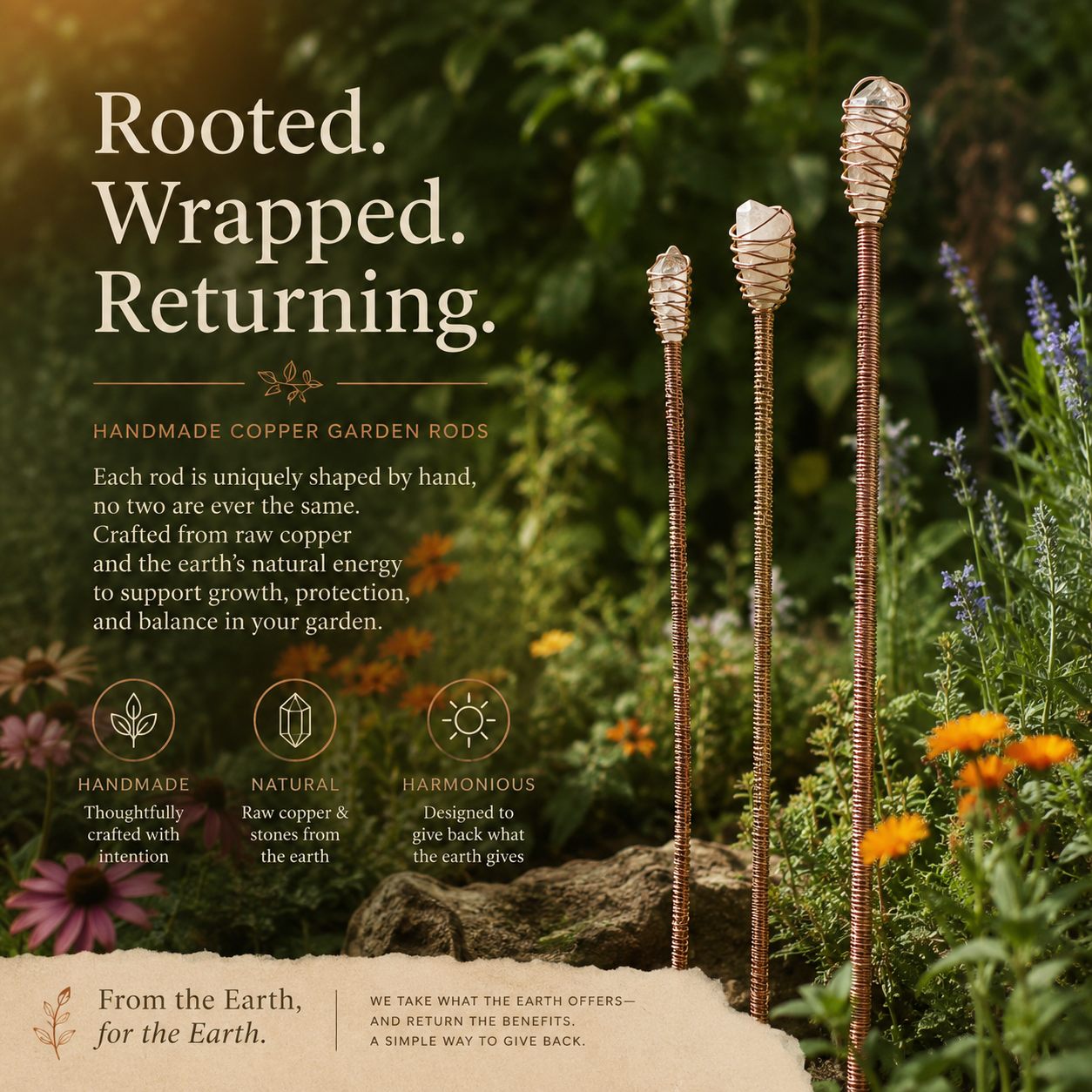Handmade copper AetherBeacon garden rods in a lush garden bed